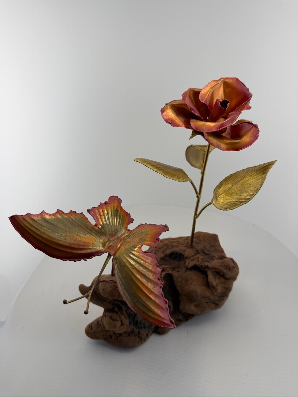 Vintage Metal Rose Butterfly Sculpture Driftwood Base Mid Century Brutalist Art